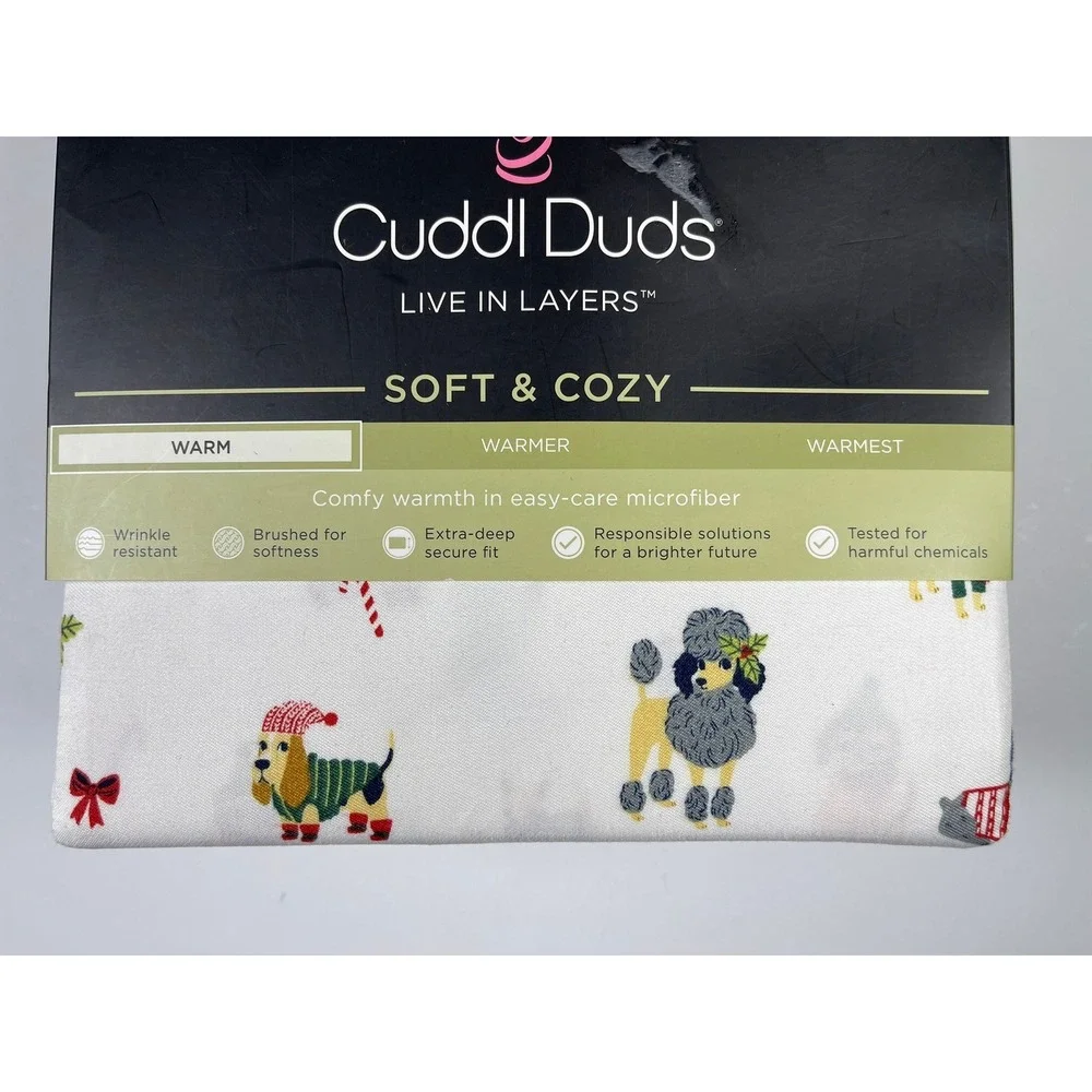 Cuddl Duds King Sheet Set Soft & Cozy Microfiber Christmas Dogs Cats White NEW